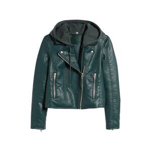 Blank NYC Faux Leather Moto Jacket Green Removable Hood Medium BLANKNYC